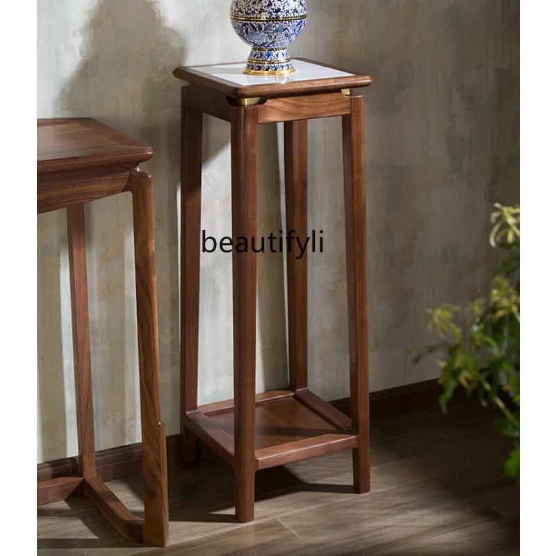 New Chinese Style Solid Wood Flower Stand North America Black Walnut Solid Wood Log Frame Modern Table Decoration