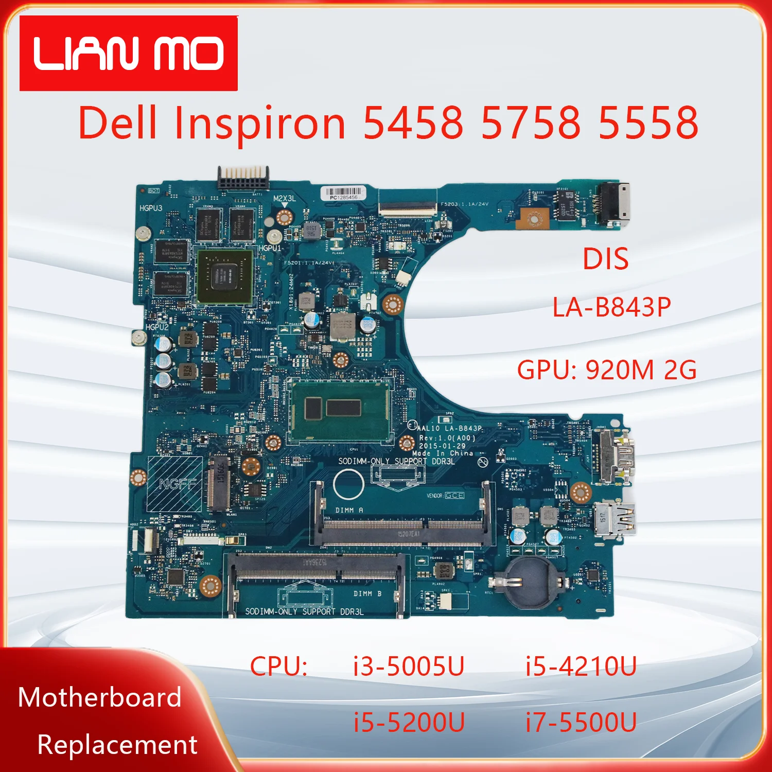 LA-B843P For Dell Inspiron 5458 5758 5558 Laptop Motherboard with CPU:i3-5005U i5-4210U i5-5200U i7-5500U GPU:920M 2G FRU:0V2X3C