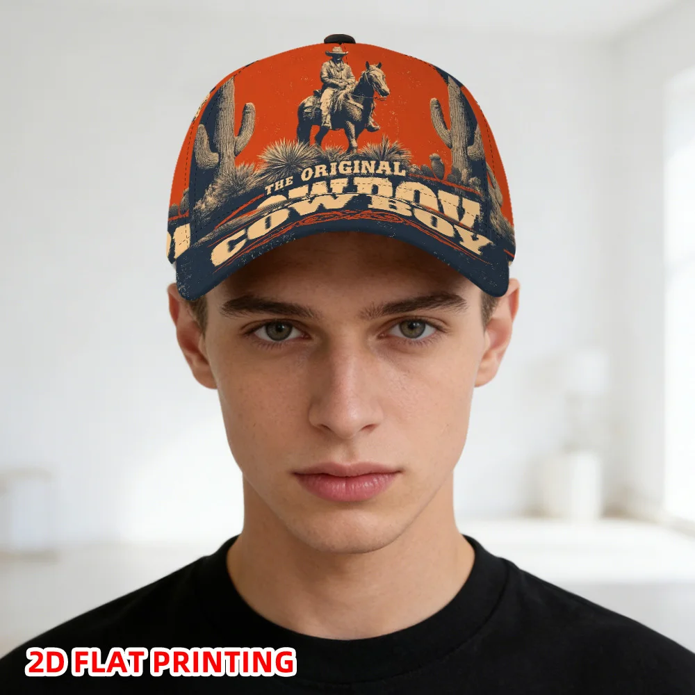 Custom 1pc 2D Flat Western Cowboy Desert Scene Design Print Duckbill Cap - Adjustable Snapback Baseball Hat, Lightweight
