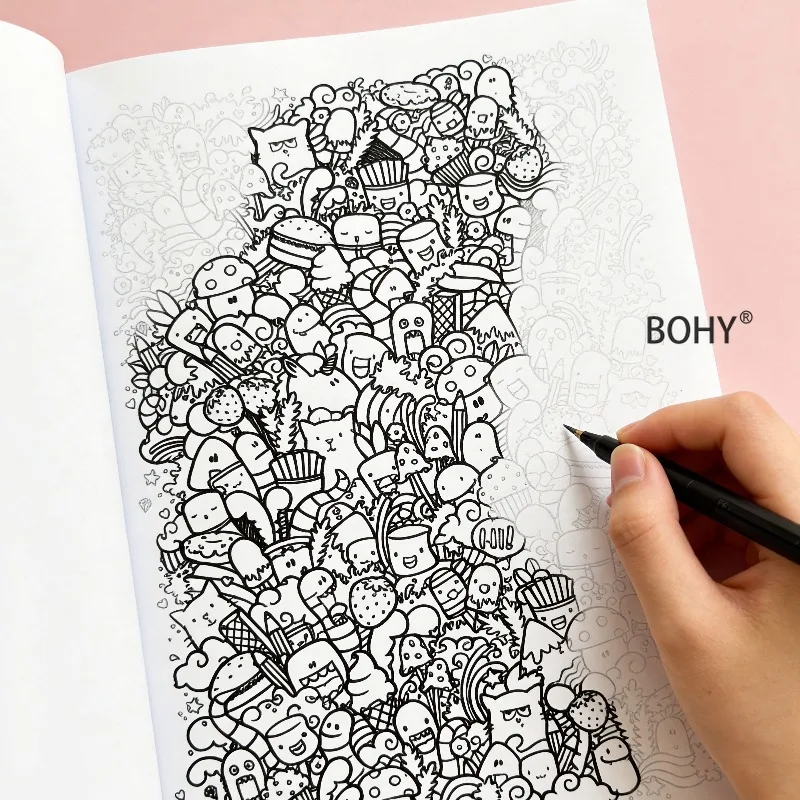 1 Large-sized Dense Graffiti Line Drawing and Coloring Brochure, with Cat Groups, Trendy Monsters, Healing Food and Other Themes