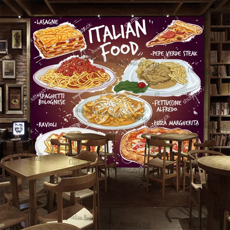 Pintados à mão comida italiana restaurante decoração industrial personalizado mural papel de parede pizza margherita e ravioli comida rápida