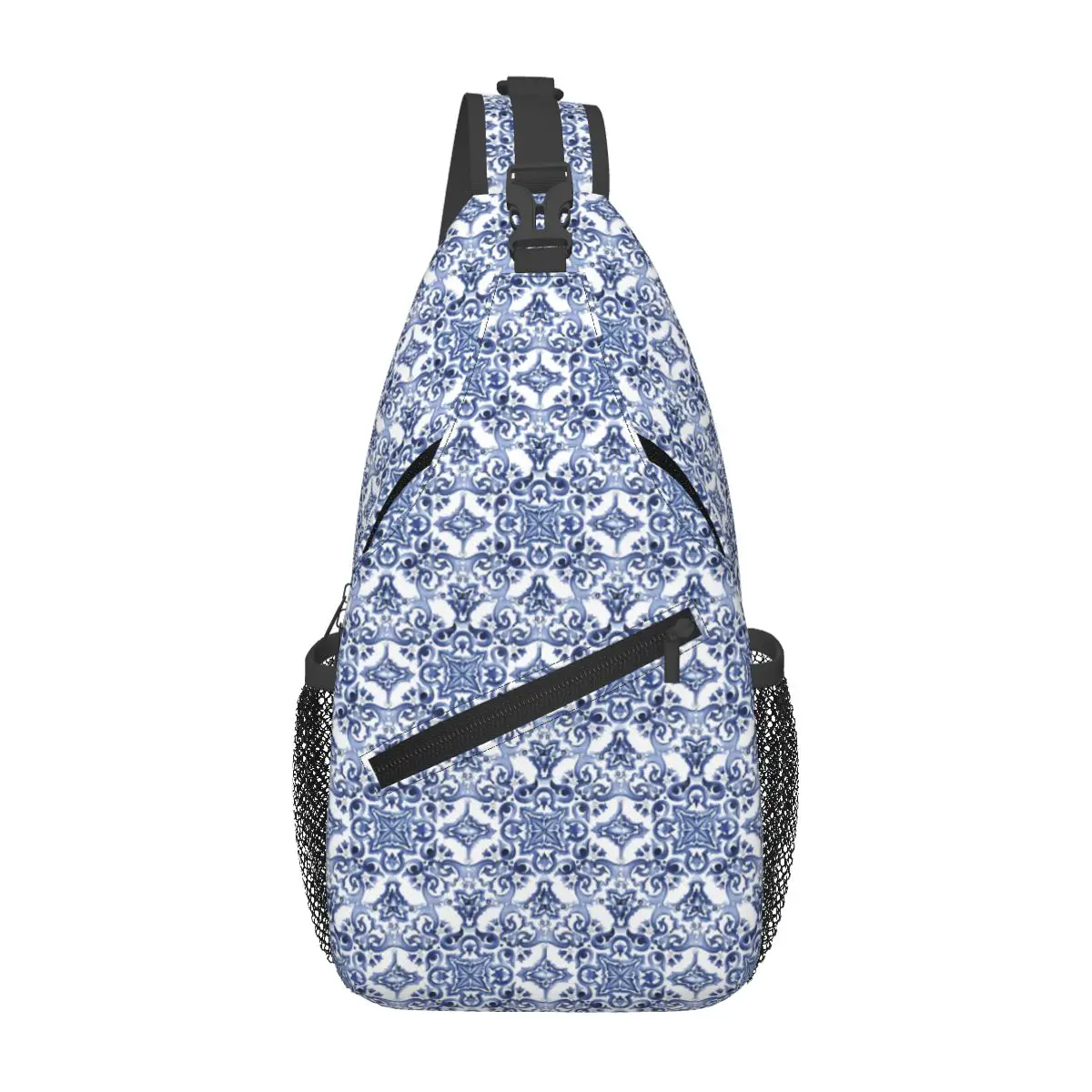 Azul ornamentado floral mediterrâneo siciliano telha saco de peito dos homens estilingue crossbody mochila saco de peito caminhadas daypack bolsa de ombro