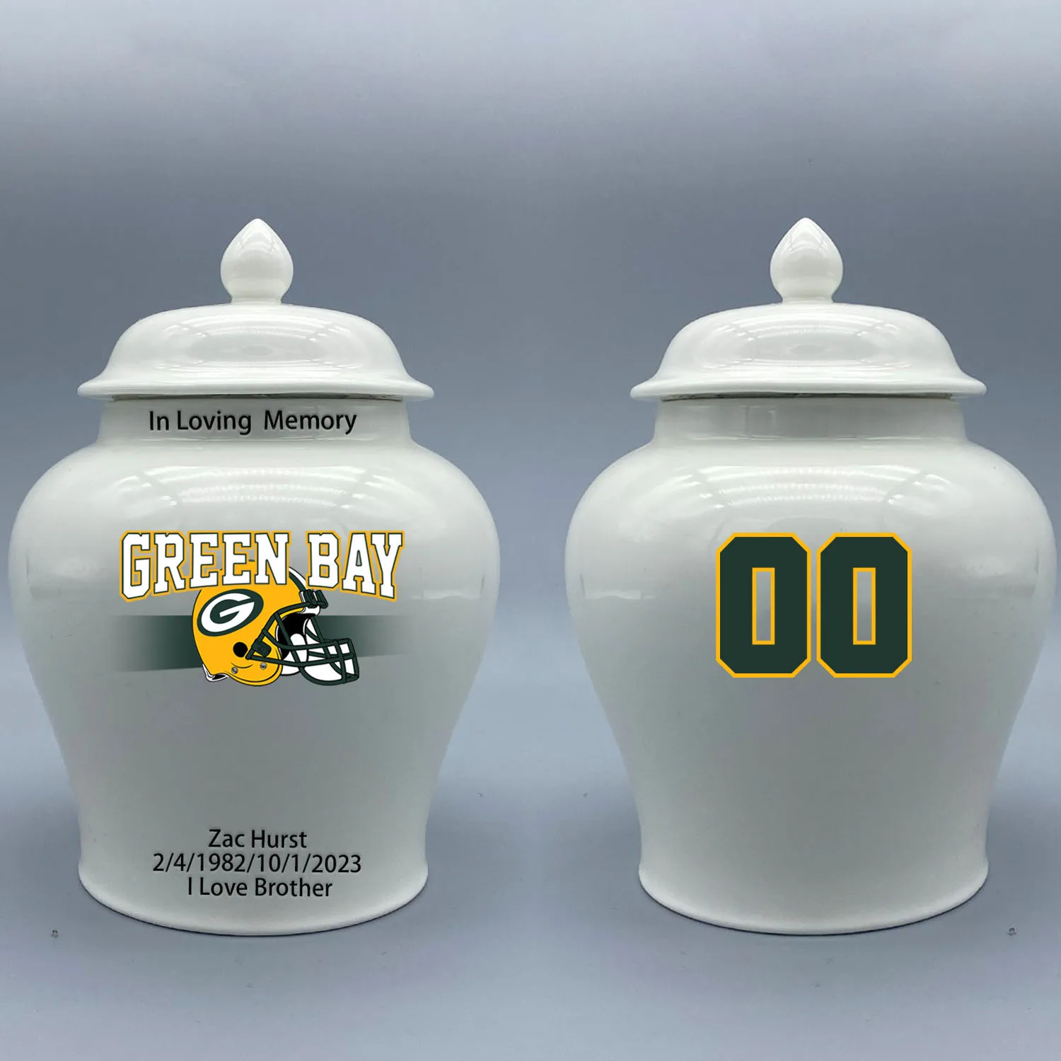 

Medium Urn for Green Bay Packers-themed Logo Urn.Please send me the customize information-name/date and number on the urn