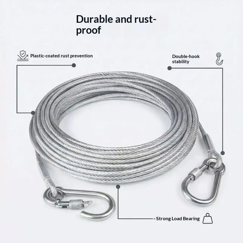 Stainless Steel Wire Rope With Carabiner Hooks Heavy Duty Anti Rust Cable For Clothes Drying Pet Traction Outdoor Camping Use