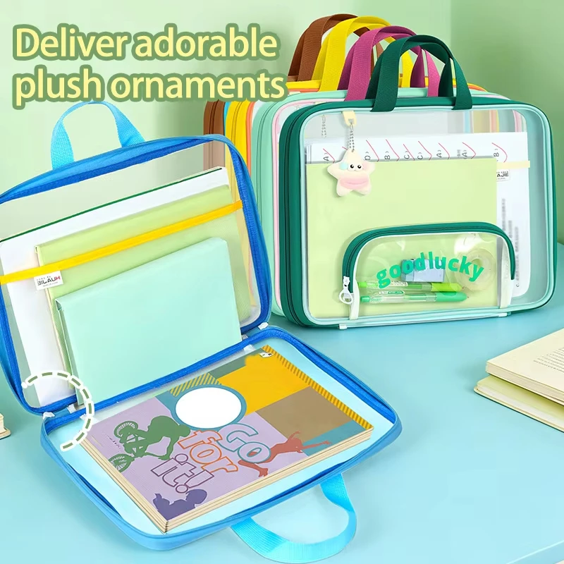 Transparent A4 Mesh File Bag 180° Wide Opening Double Zipper Handbag Tutoring Book Storage Tote Exam Paper Storage Bag