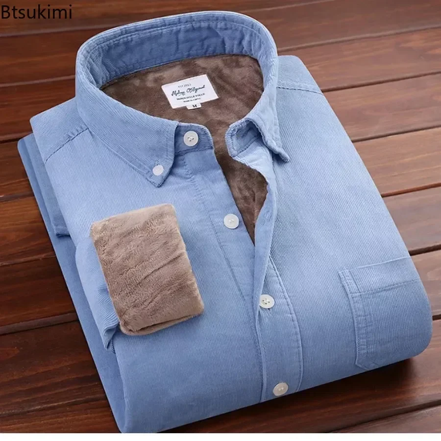 2024Men's Autumn Winter Warm Casual Shirt Jacket Luxury Men Corduroy Solid Coats Shirts Thick Fleece Lining Casual Shirt for Men