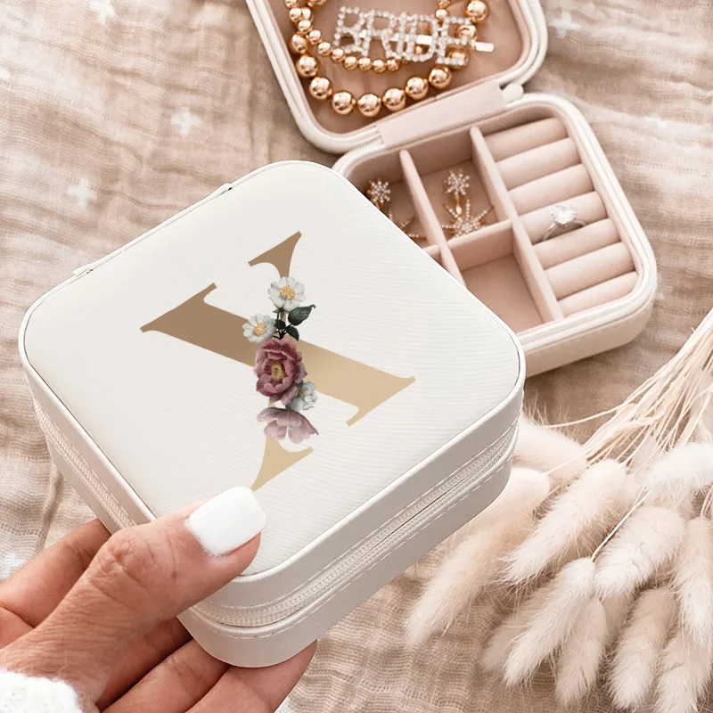 Portable Jewellery Box Ring Box Necklace Earring Storage Box Travel Gold Letter Print Jewelry Organizer Leather Display Case