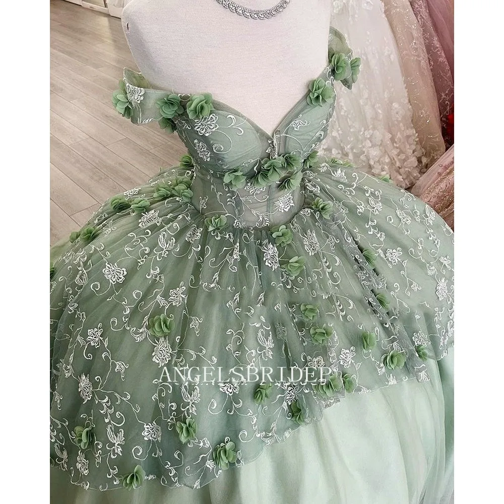 ANGELSBRIDEP-vestido de fiesta Floral 3D Verde menta, vestido de quinceañera para niñas de 15 años