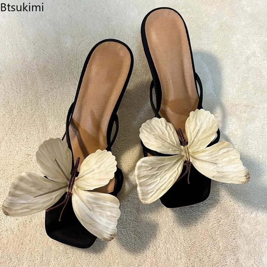 

2025 Woman's Butterfly Gentle Stylish Sandals Square Toe Flat Female Pumps Thin High Heel Slippers Korean Style Elegant Ladies