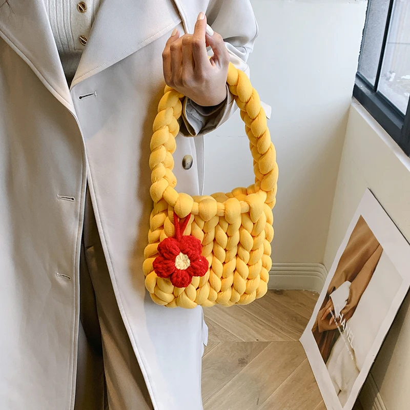 Fashion Knitting Bag Handbag With Short Handle Shoulder Bag For Women Handmade Woven Bag Female Woolen Rope Crochet Bag Boho