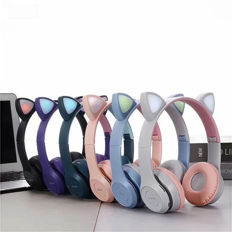 P47M Wireless Bluetooth Headset Gamer Cat LED Light Foldable Noise Cancelling Earbuds Wireless Headphones Bluetooth Earphones