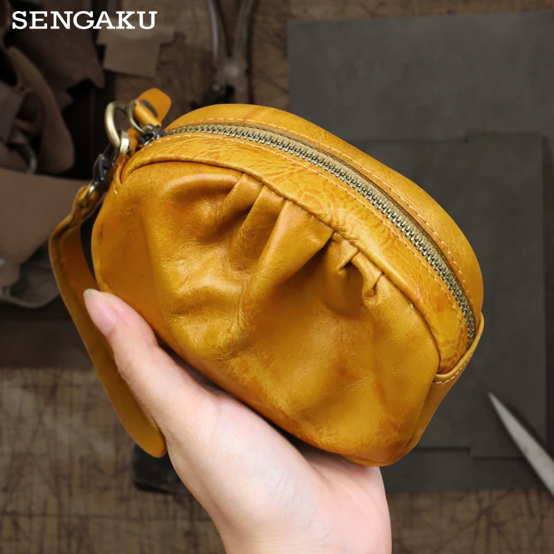 Vintage Genuine Leather Coin Purse Handmade Cowhide Organizer Pocket With Zipper Casual Card Holder Money Bag Storage Pocket