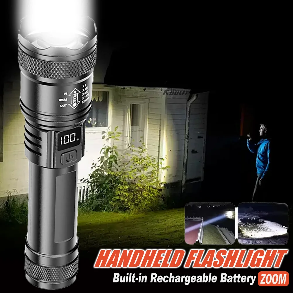 Powerful LED Flashlight with Battery Display Rechargeable Light Telescopic Zoom Torch Lamp Outdoor Camping Fishing Lantern