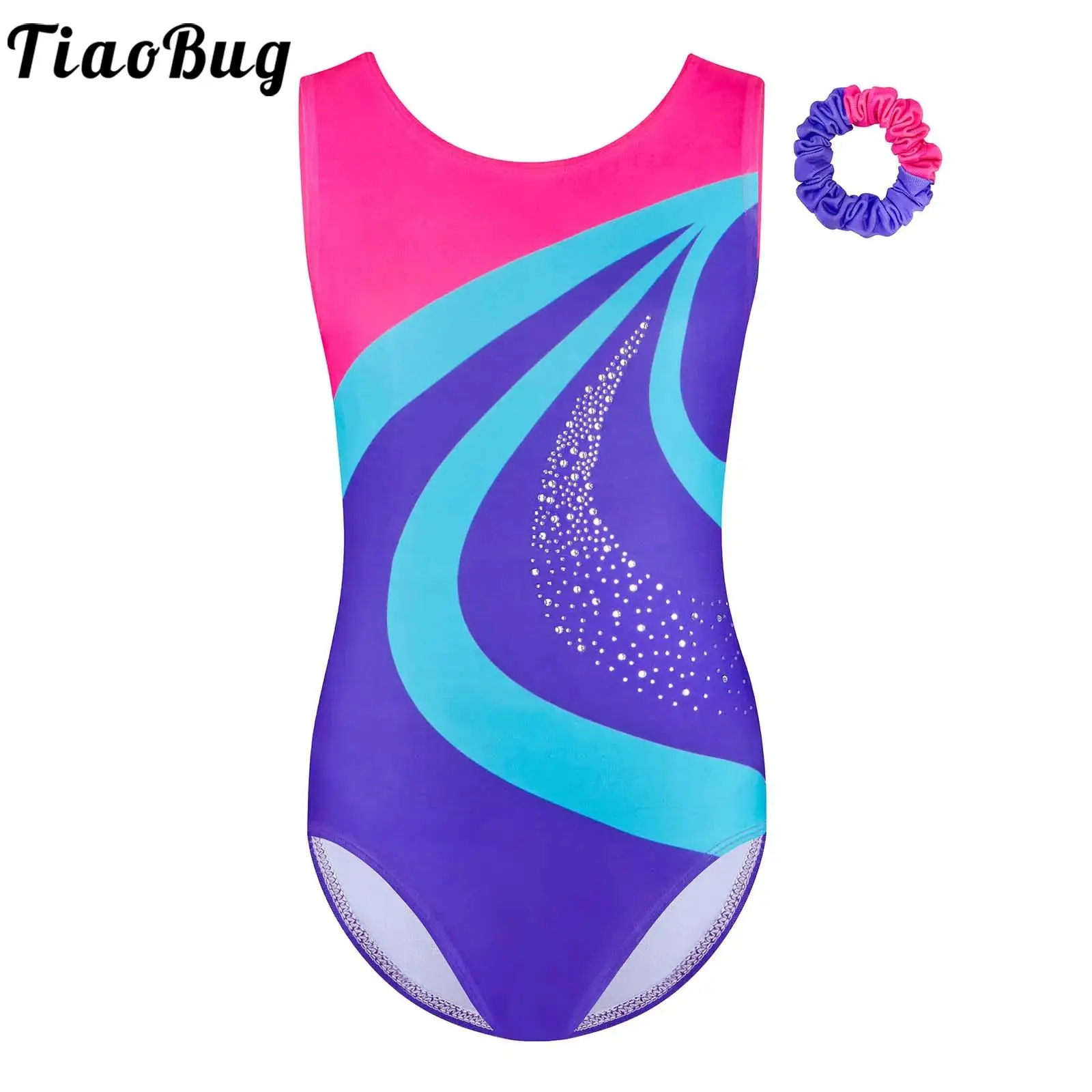 

Kids Girls Sleeveless Gymnastics Acrobatics Dance Outfit Performance Costume Ballet Contrast Color Leotard Set with Hair Band