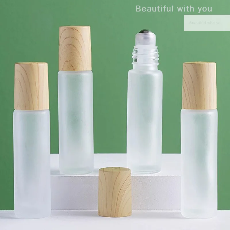 5ml10ml Frosted Glass Roller Bottle Wood Grain Plastic Cap For Essential Oils Roll-On Bottle With Stainless Steel Roller Ball