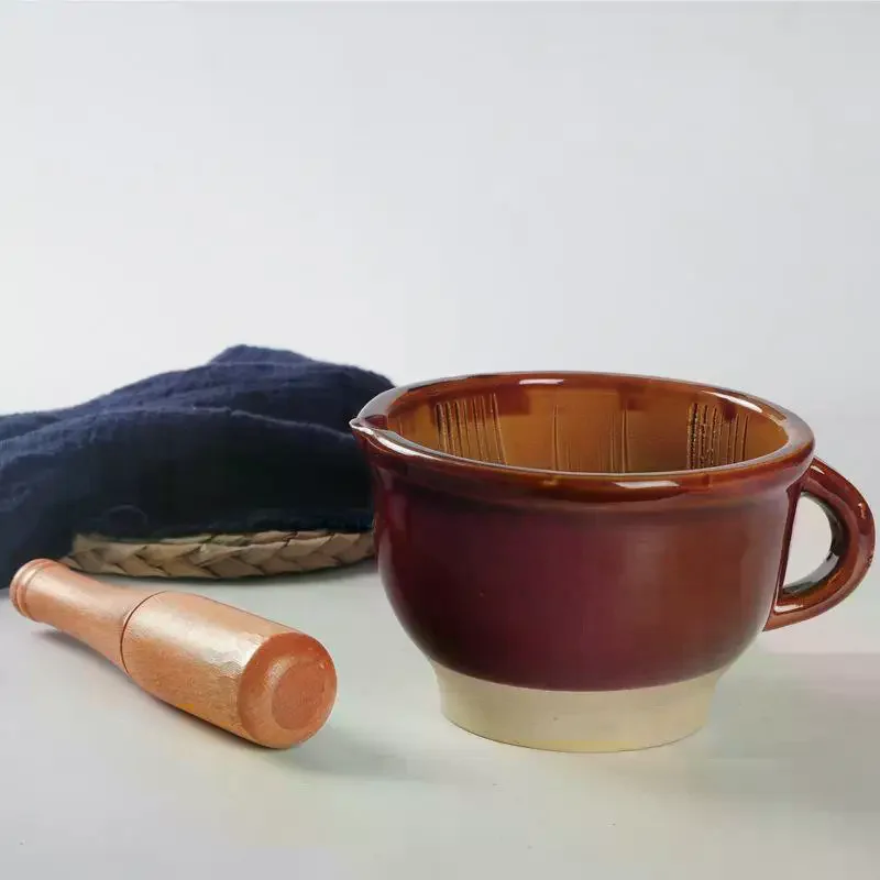 Mortar And Pestle Set With Natural Wood Pestle Non Slip Base Perfect For Kitchen Grinding Spices Herbs Garlic Ceramic