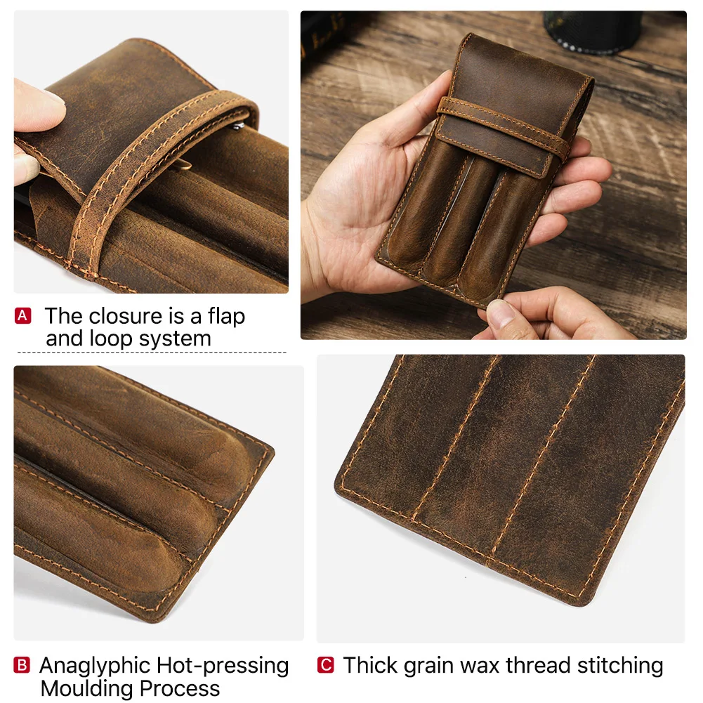 Handmade Crazy Horse Leather 1/2/3 Slots Pen Case Organizer Pocket Pen Holder Case for Adult Office School Vintage Retro Style - Image 3