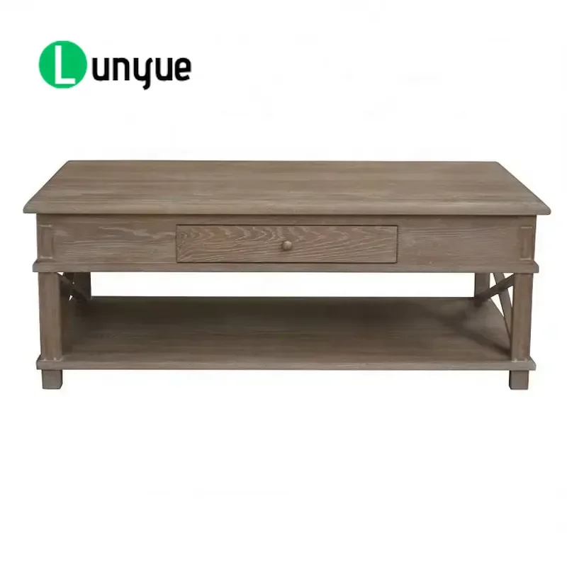 Vintage Farmhouse Rustic Oak Solid Wood Coffee Table with X-Brace Design for French Style Living Room Furniture Durable Home