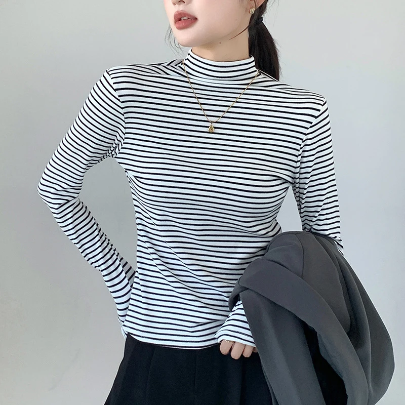 Classic Striped Women Mock Neck Top Slim Fit Long Sleeve Base Layer Essential Cozy Casual Versatile Autumn Winter T Shirt