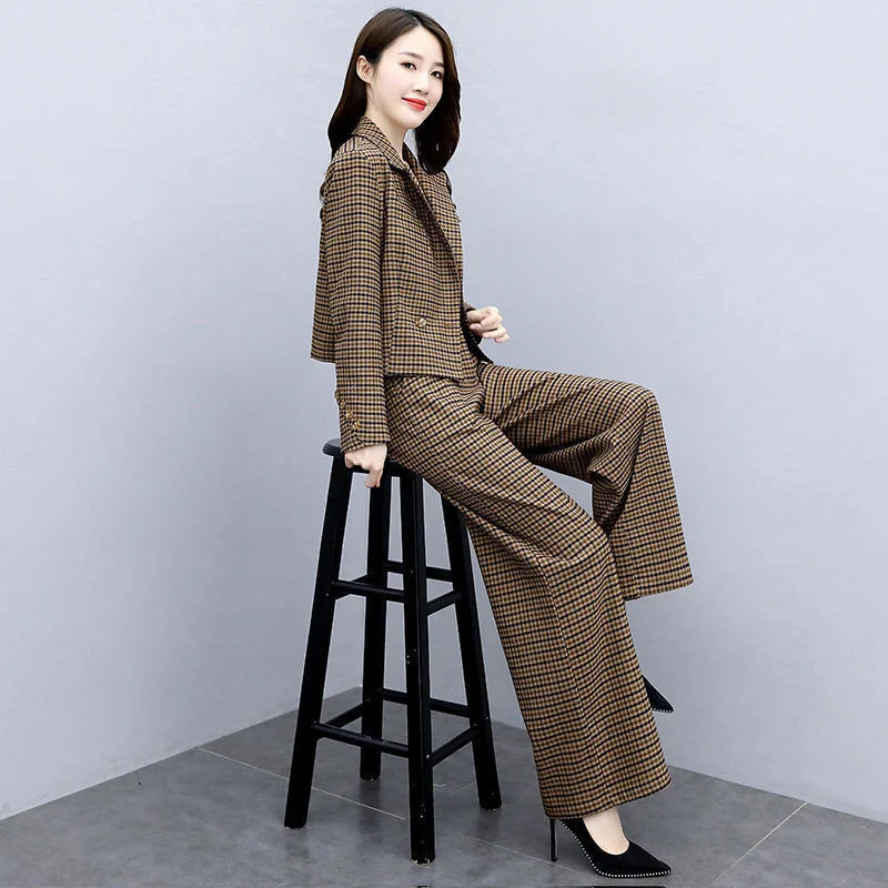 2022 Women\'s New Long-Sleeved Ladies Temperament Thin Goddess Fan Wide-Leg Pants Plaid Professional Suit Lady Blazer Jacket Sets