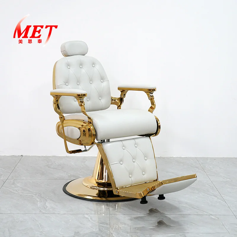 High Quality Luxury Leather Beauty Reclining Hair Salon Styling White Gold Barber Shop Chair For Sale