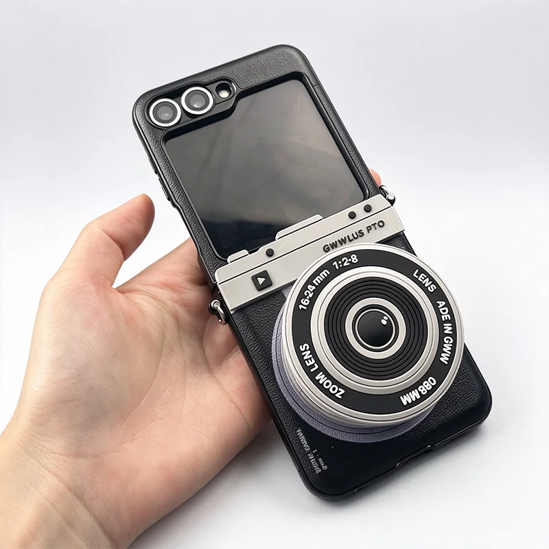 Z Flip 7 Case Luxury 3D Camara Stand Phone Case For Samsung Galaxy Z Flip7 6 5 Hinge Protection Cover Leather Funda With Lanyard