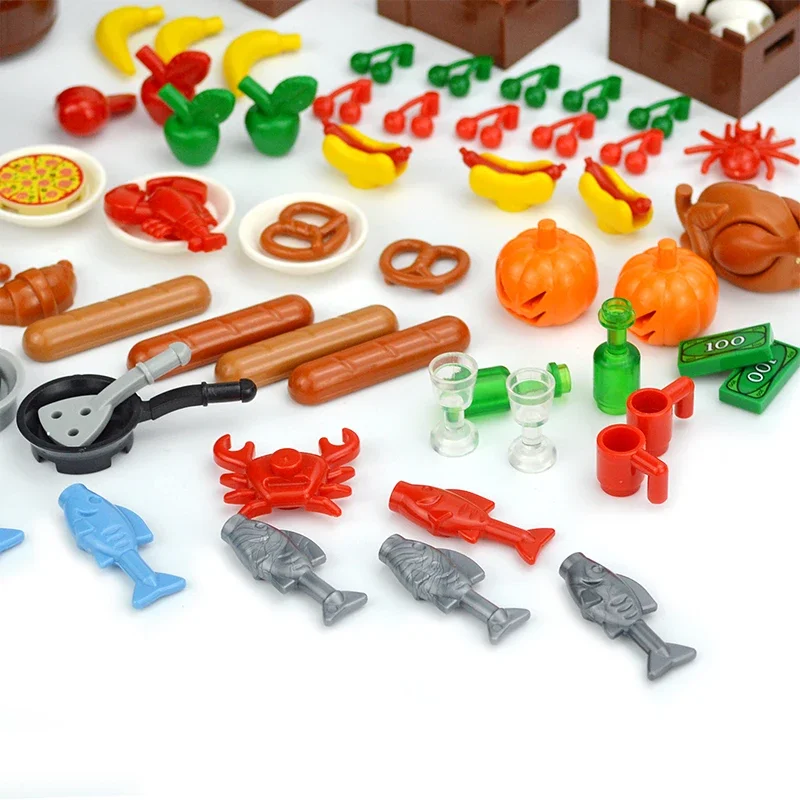 MOC Food Bricks City Set Accessories Friends MOC Building Blocks Drinks Fruit Bread Fish Bottle Parts Toys Children