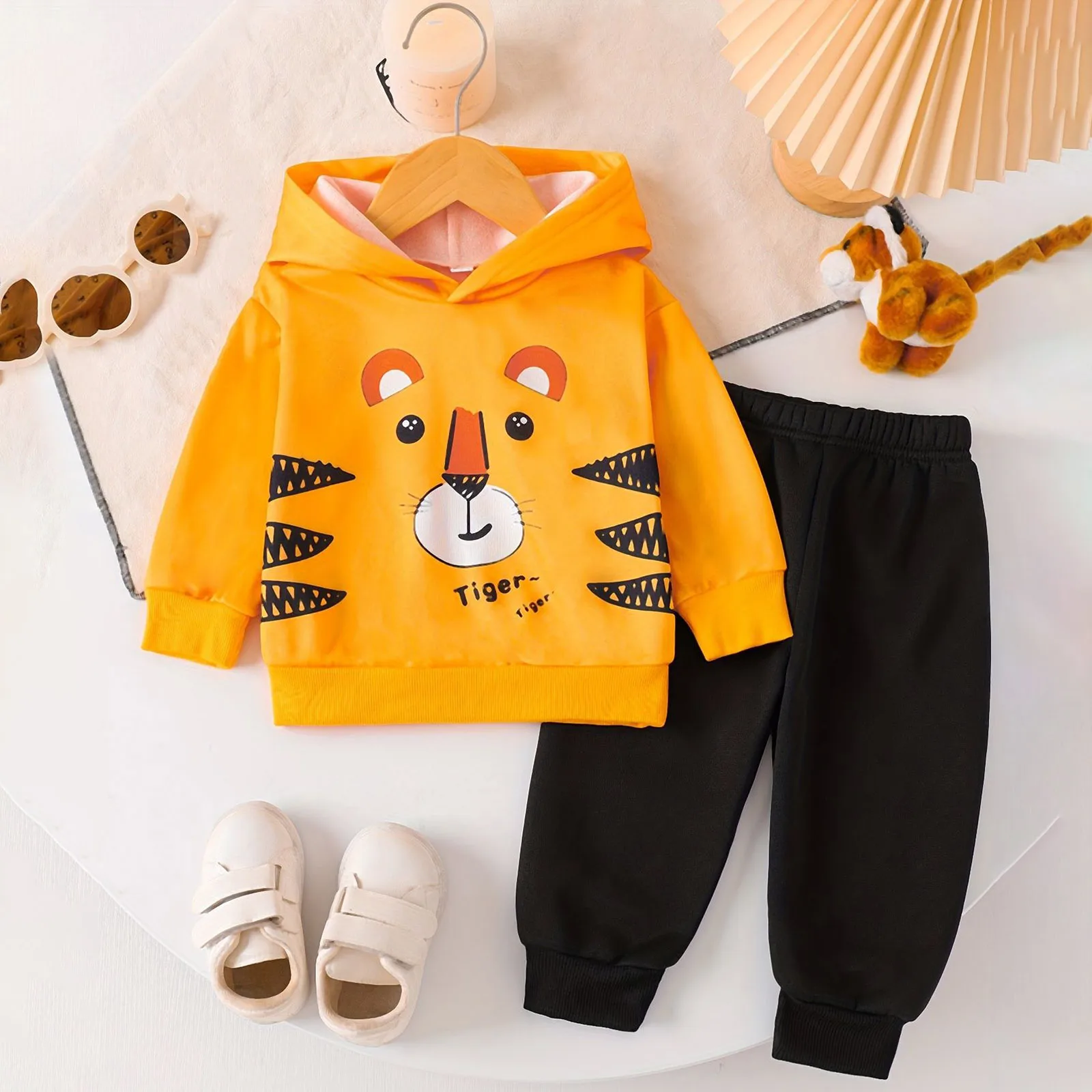 

2025 New Set Home Outfit Spring Fall Fleece Hooded Long Sleeve Top With Cartoon Tiger Printed For Baby Boys Toddler Girl Clothes