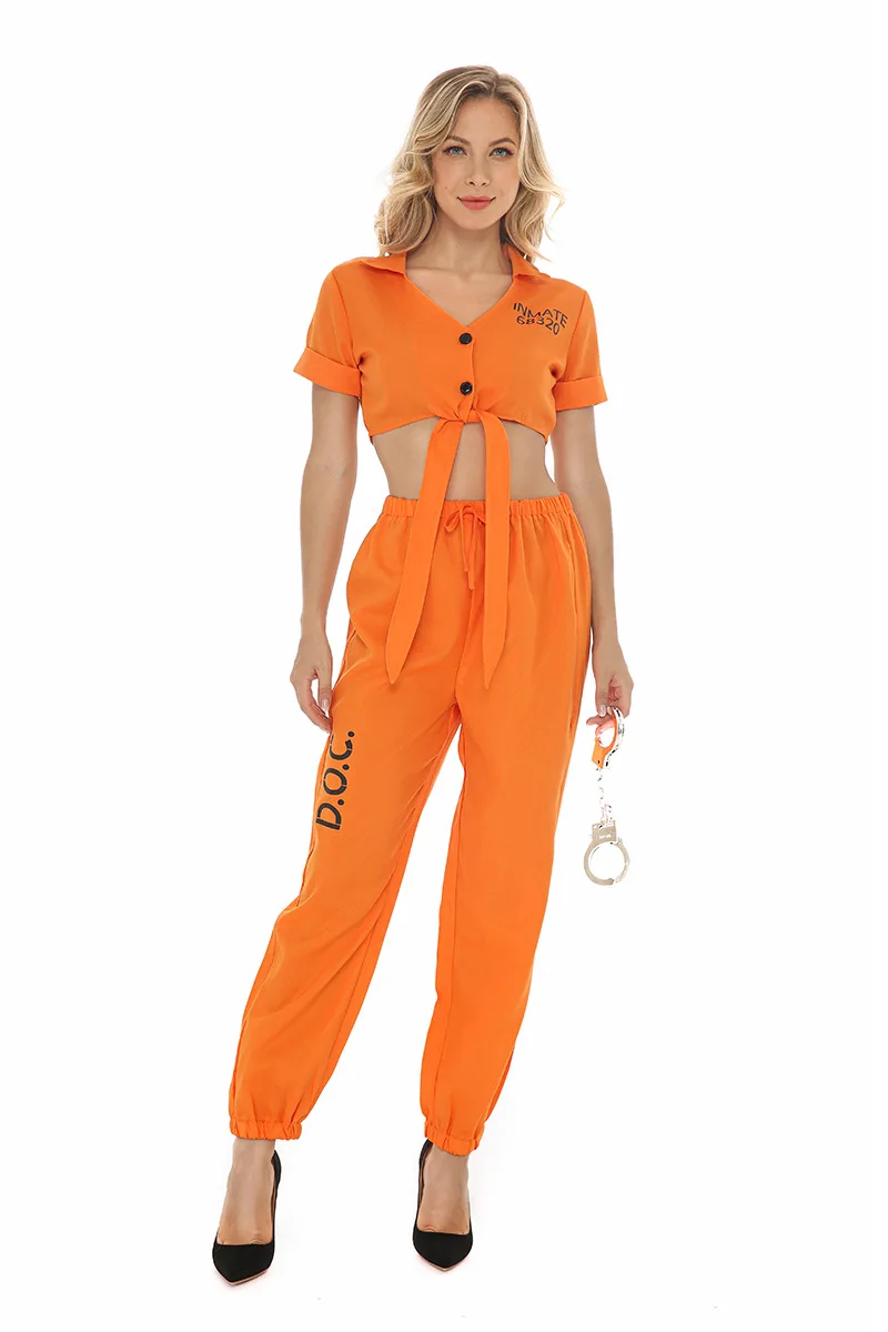 Frauen-Flüchtlingskostüm mit Oberteil und Hose, Cosplay-Kostüm für Halloween-Party und Karneval, Unisex, Orangefarbenes Gefängnisoutfit – Detail 8