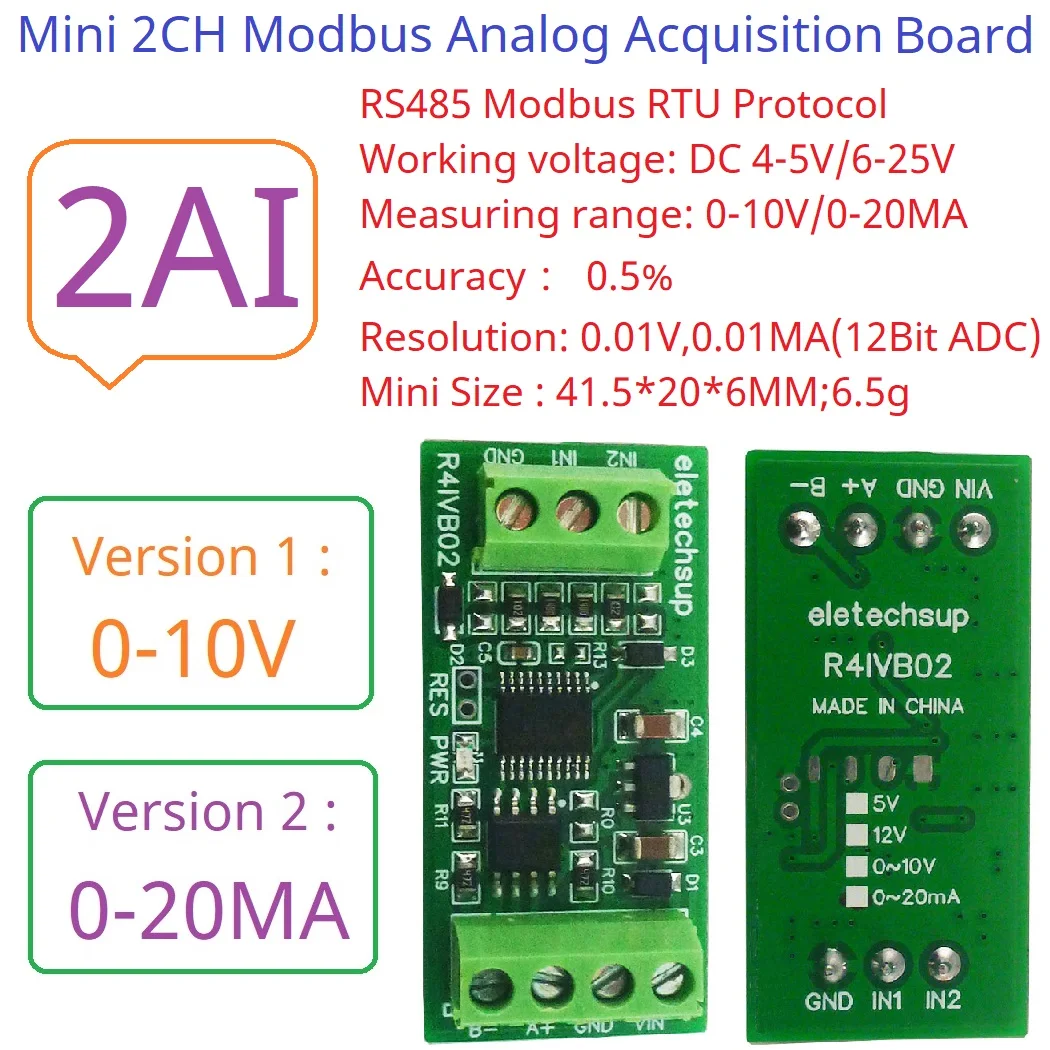 Low-Cost 2-AI Modbus RS485 Voltage Current 12Bit ADC Collection Module 4-20mA 0-10V PLC HMI Analog Remote IO Expansion Board