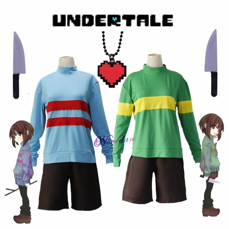 Frisk Chara Undertale cosplay costume men women clothing set high collar sweatshirt jacket shorts knife heart necklace