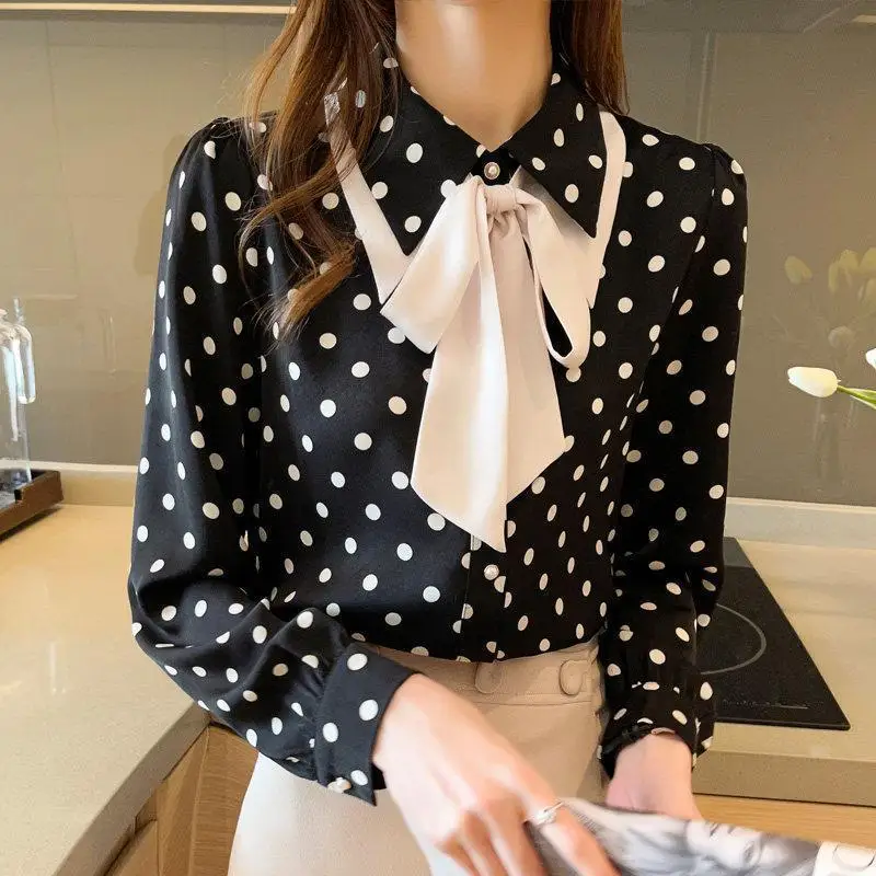 Womens Clothing Autumn Bandage Long Sleeve Shirt Fashion Sweet Polo-Neck Polka Dot Printing Single Breasted Chiffon Loose Blouse