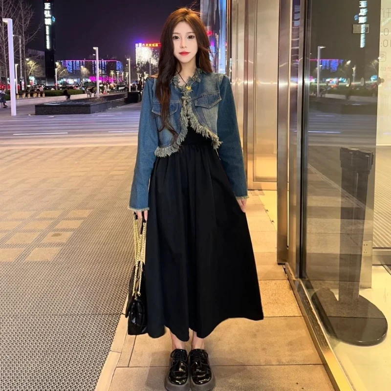 

Large Size Spring And Autumn Women's Suit 2024 New Korean Style Denim Coat Black Long Dress Two-piece Set Dresses Sets Q337