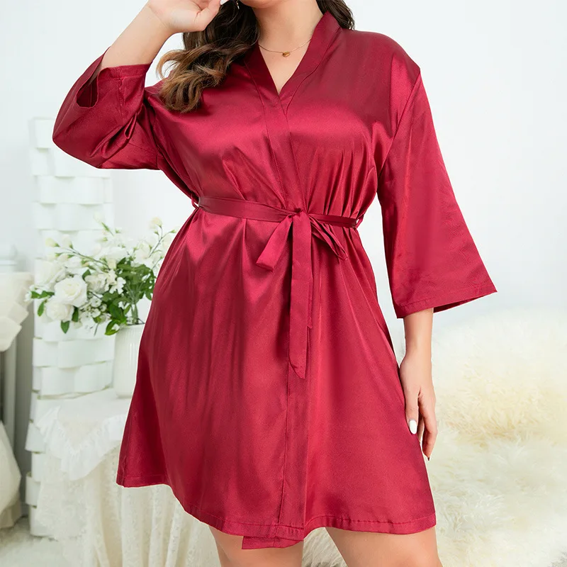 

Fashion Solid Color Plus Size Pajamas for Women Ice Silk Bathrobes Sexy Morning Gowns Home Wear Casual Imitation Silk Nightgowns