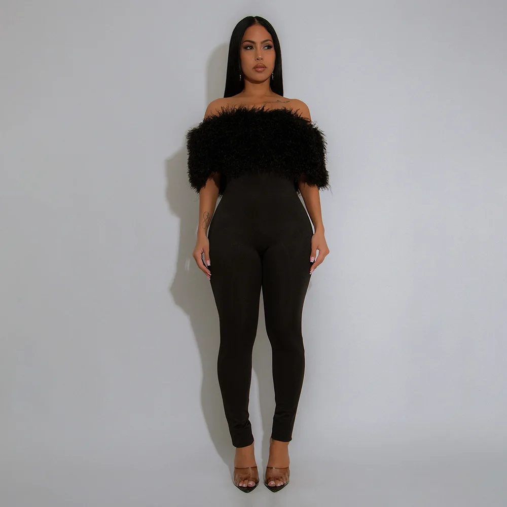 

2025 Fall Winter Fluffy Faux Fur Patchwork Skinny Jumpsuits Women Sexy Slash Neck Off Shoulder Slim Party Overalls Casual Romper