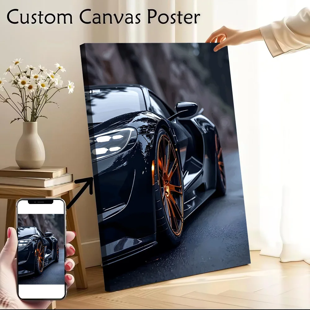 Sleek Black Sports Car With Orange Wheels Poster Canvas Wall Art Custom Photo Print Modern Painting for Fans Home Decor Items
