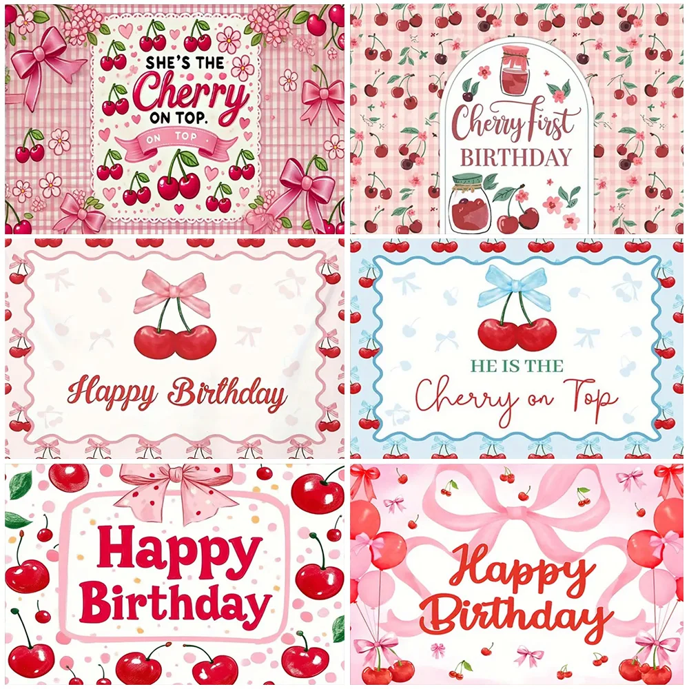 

Pink Cherry Happy Birthday Backdrop Grid Cherries Butterfly Bow Sweetheart Girl Cake Party Decorations Baby Shower Supplies
