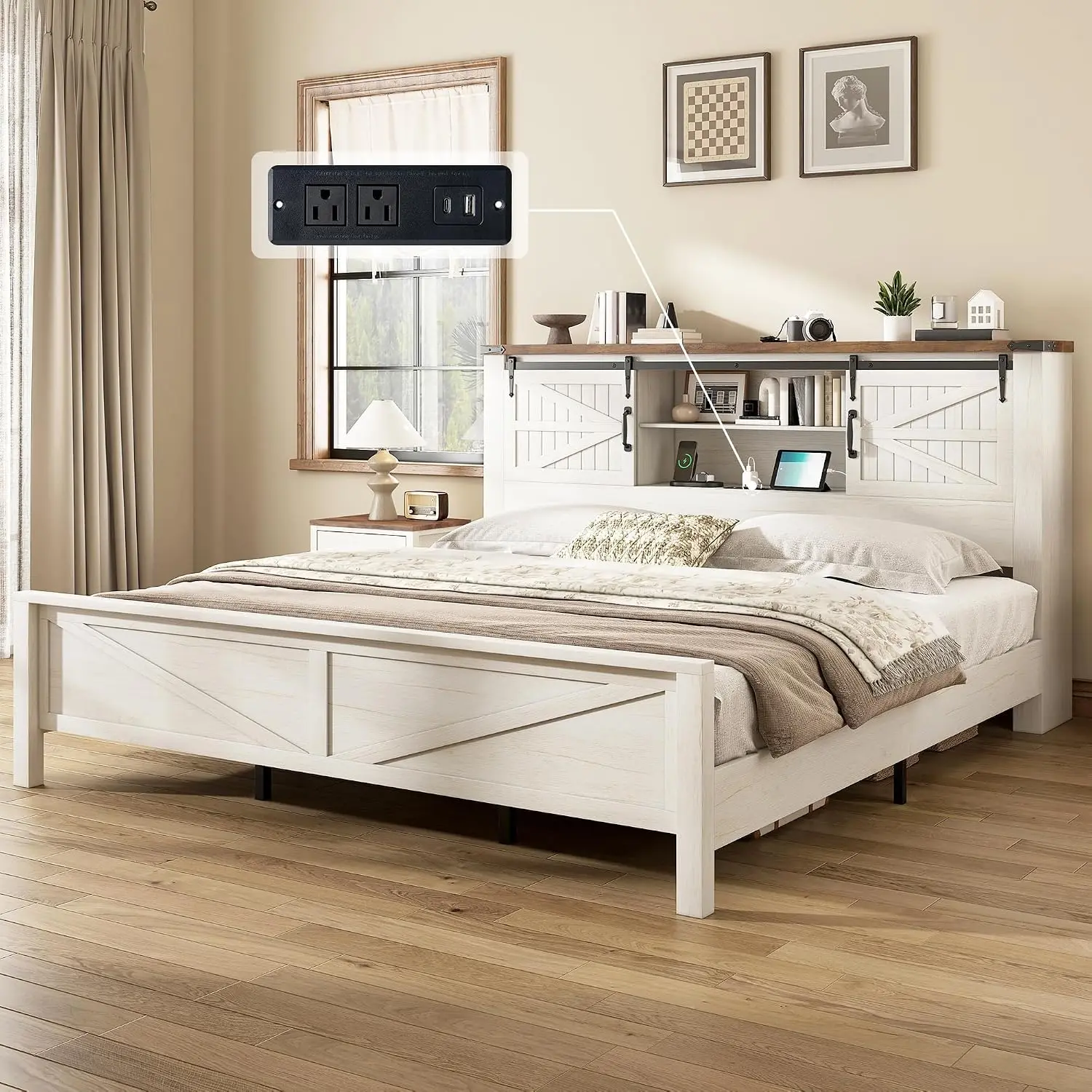 King Platform Bed Frame Storage Headboard Wood Bookcase Sliding Door Charging Station No Box Spring Bedroom, Customized