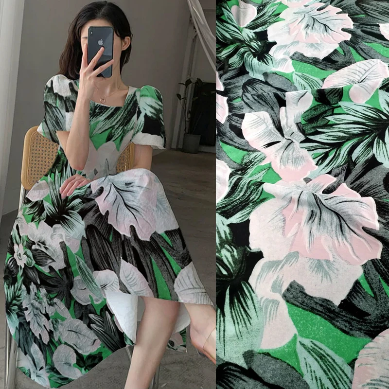 

Crepe Green Leaf Flowers Print 140cm Width Real Pure 100% Mulberry silk fabrics sewing tulle fabric tissu minky turbans women