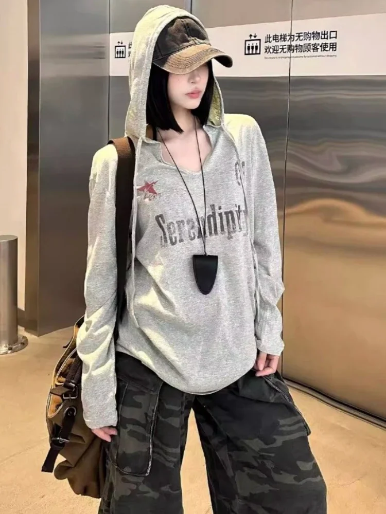 ヴィンテージレタープリントフード付き Tシャツ原宿女性カジュアルルーズストリートウェア 2025 プレッピーグランジ秋 Tシャツ Y2k 美学