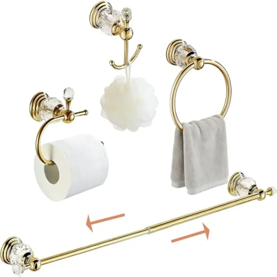 

Набор аксессуаров для ванной комнаты из полированной латуни с золотым покрытием: регулируемый держатель для полотенец, держатель для туалетной бумаги, кольцо для полотенец, крючки для халатов