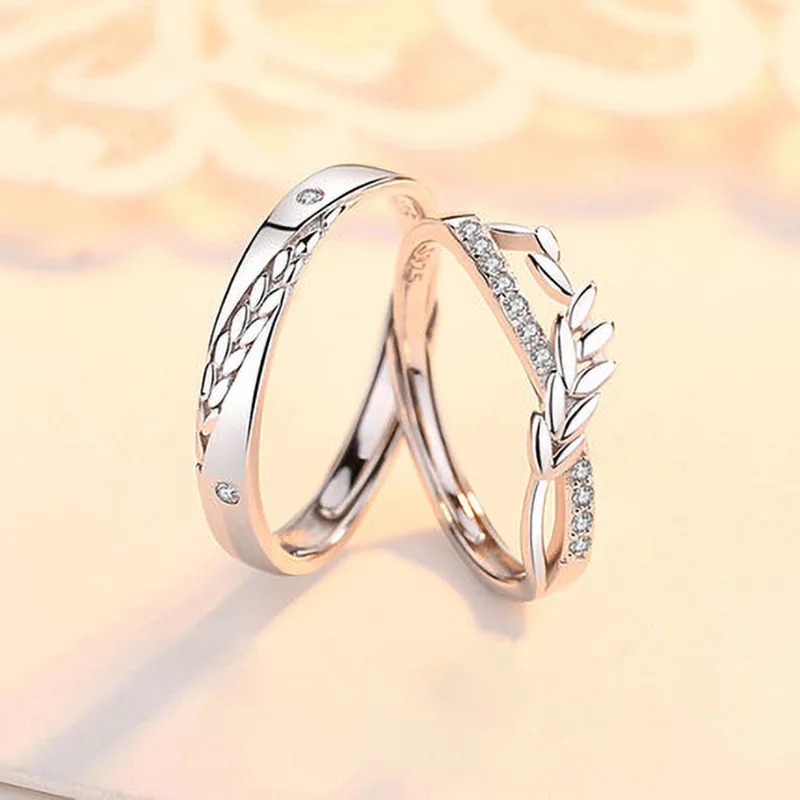 Silver Plated Platinum Ear Of Wheat Crystal Overlap Opening Adjustable Size Couple Rings Men Women Lovers Finger Jewelry Gifts