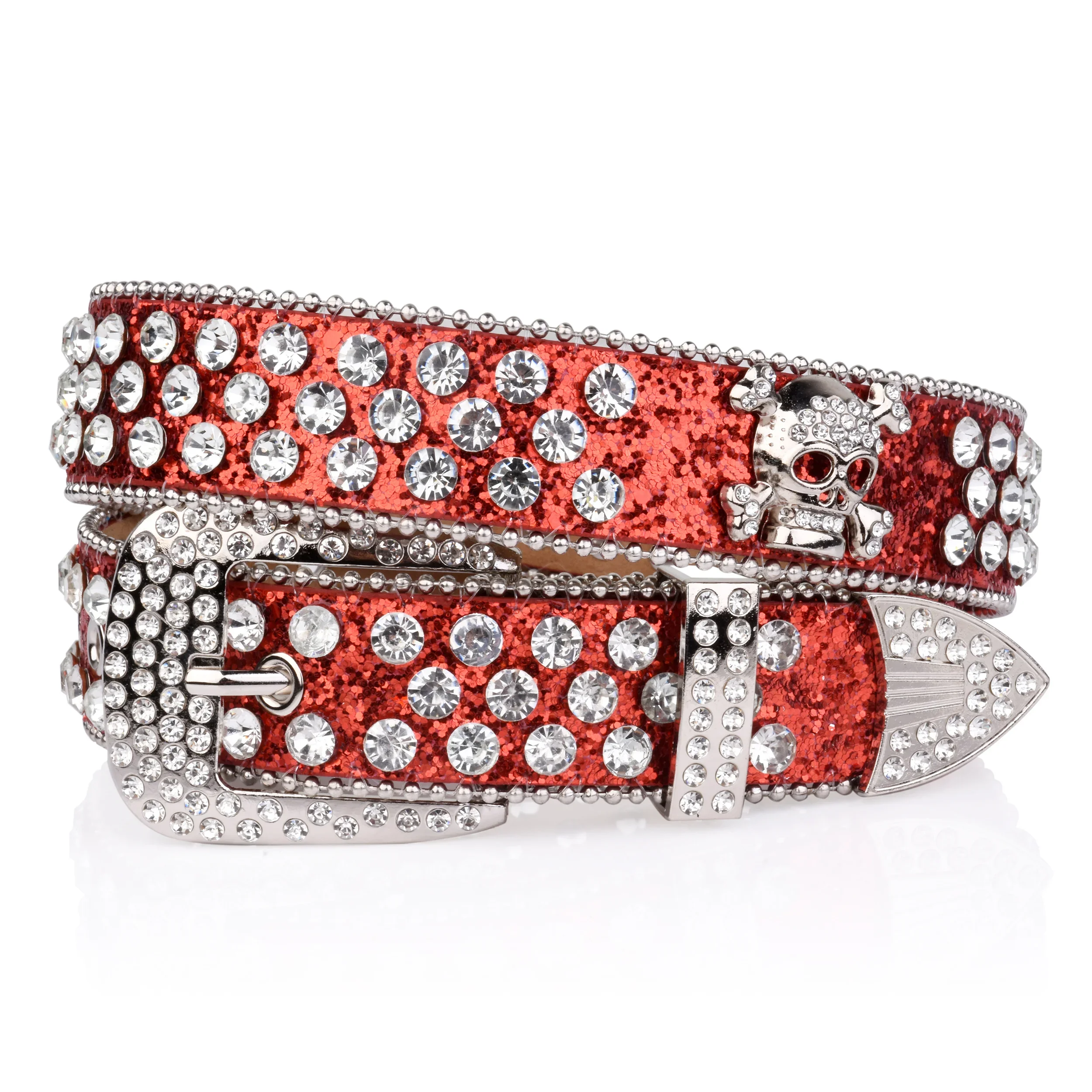 Rhinestone Skull Rivet Belt Blue & Red Glitter PU Belt Hip Hop Jeans Pants Belt Punk Cowboy Cowgirl Belts For Women Men
