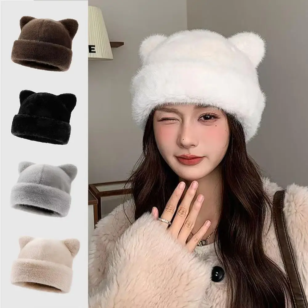 Gorro de esquí cálido para mujer, gorro de piel de zorro sintética, gorro de oso de peluche para mujer, gorro con capucha, protección para los oídos, sombreros de invierno, gorro de piel de imitación