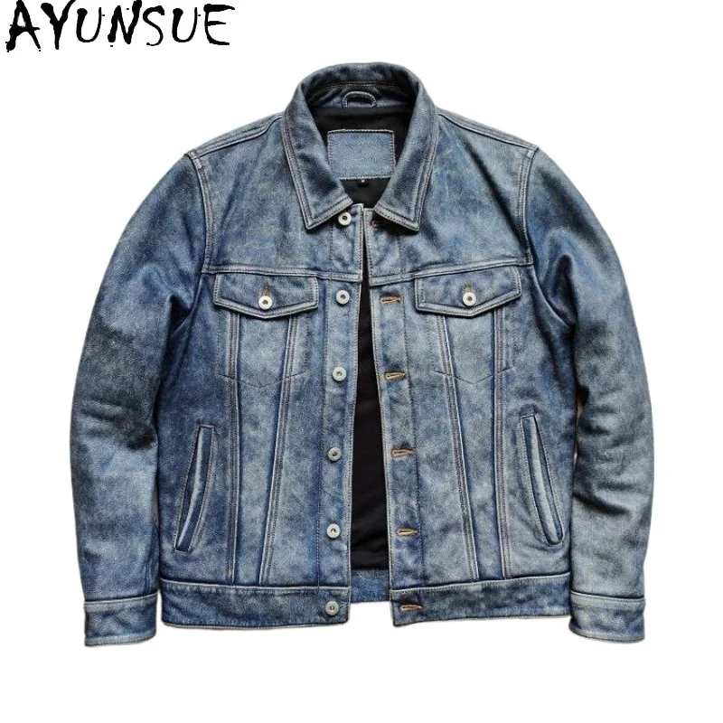 AYUNSUE 2026 Top Layer Cowhide Genuine Leather Jacket Men Vintage Winter 100% Real Leather Wan Short Turn-down Collar  Clothes