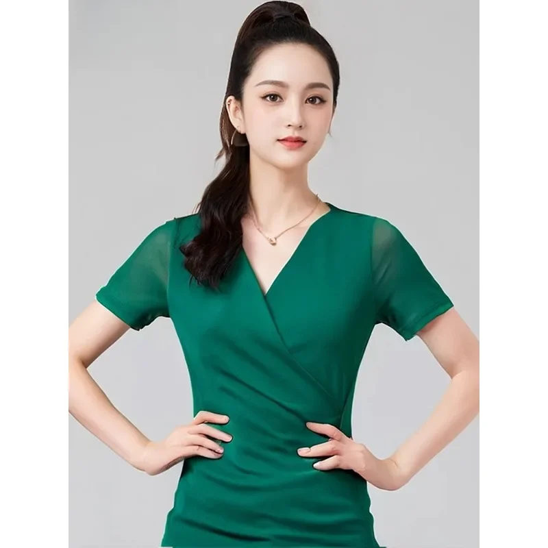 

New Latin Dance Blouse Female Mesh Short-sleeved Sexy Cross V-neck Fashion Slim Line Dance Costume New Products Samba Costumes