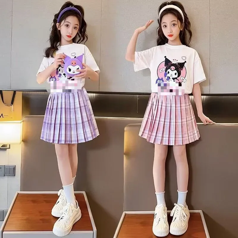 Sanrio New Girls Short-Sleeved T-Shirt Pleated Skirt Set Kuromi Cartoon Spring and Summer T-Shirt Top Skirt Two-Piece Gift Set