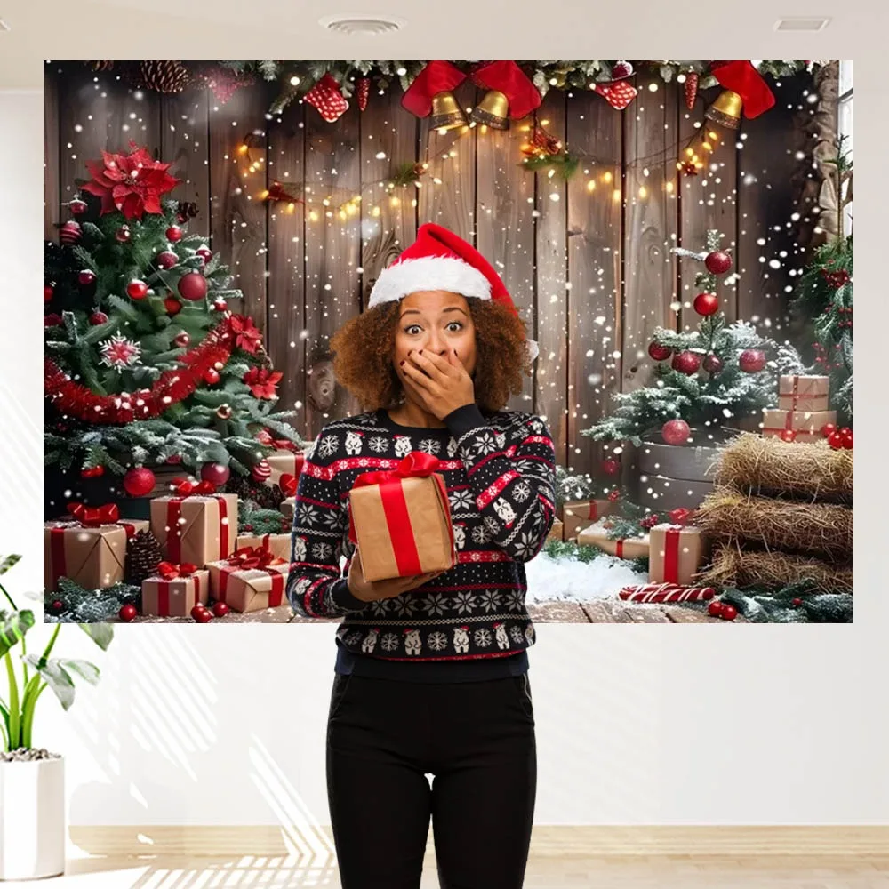 Weihnachten Party Hintergrund Holz Wand Schnee Weihnachten Baum Geschenke Glocken Winter Familie Party Fotografie Hintergrund Dekoration Banner – Detail 2