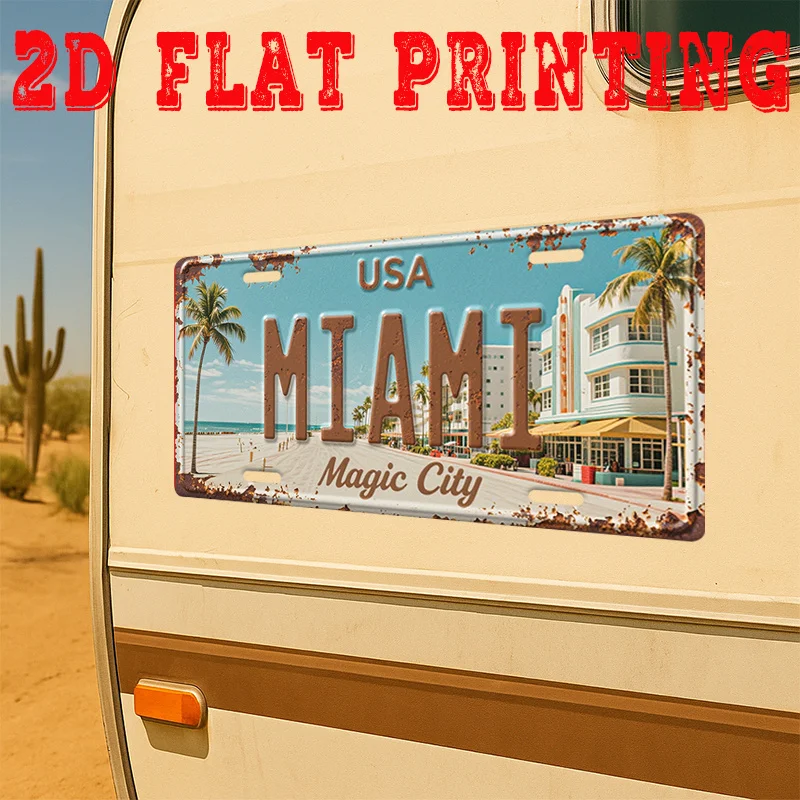 2D Flat - 2D Printed Sign, 1pc, Vintage Metal Tin Sign, Miami Magic City Sign, Retro Decor, Garage Decoration, Café Wall Art, Ba