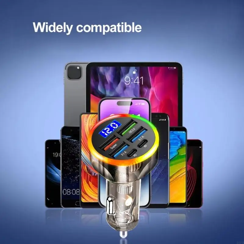 Car Chargers 4 USB A & 2 Type C Ports Digital Display For Various Electronics R6FB